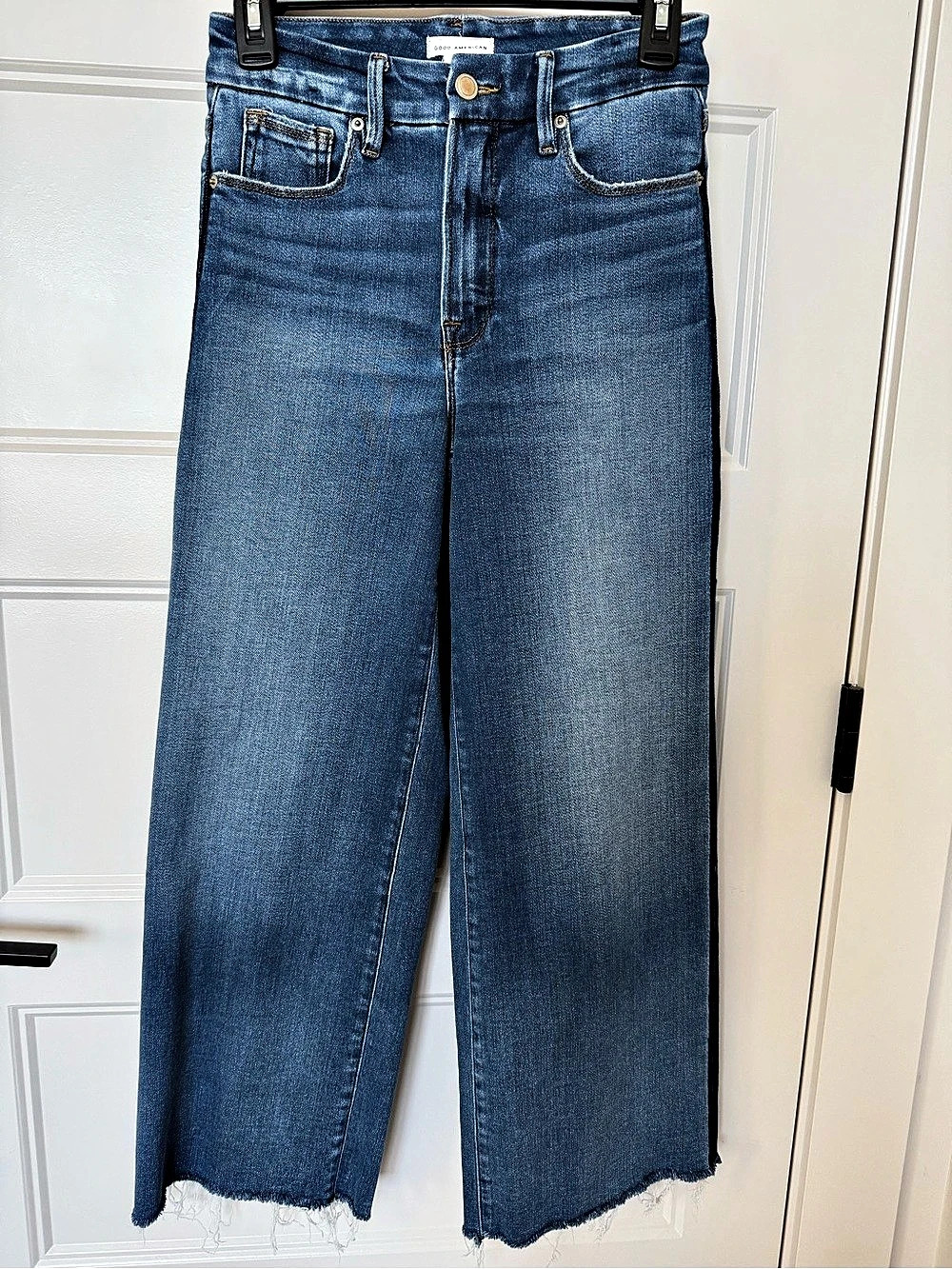 Good American Good Waist Side Stripe Frayed Crop Palazzo Jeans Blue Waist 26